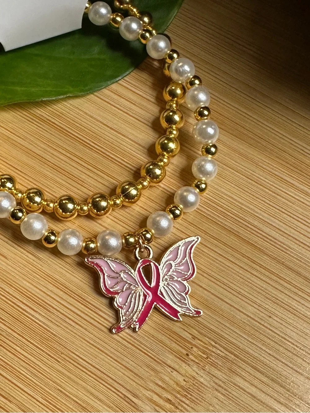 🎀Breast Cancer Awareness 2-PC Stretchy Bracelet Set‎ | Handmade |Dangle Charm🎀